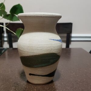 Studio Art Pottery Alfadom Stoneware Clay Vase Signed Stamped Cream Blues Green
